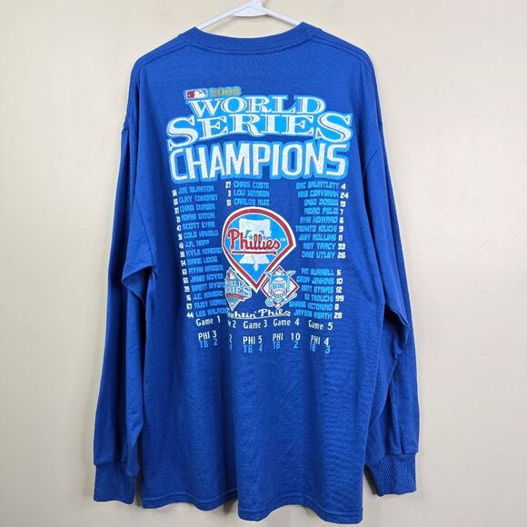 Jerzees Phl Phillies 2008 WS Champs Doublesided Roster Scoresheet Tee XL - Picture 2 of 7
